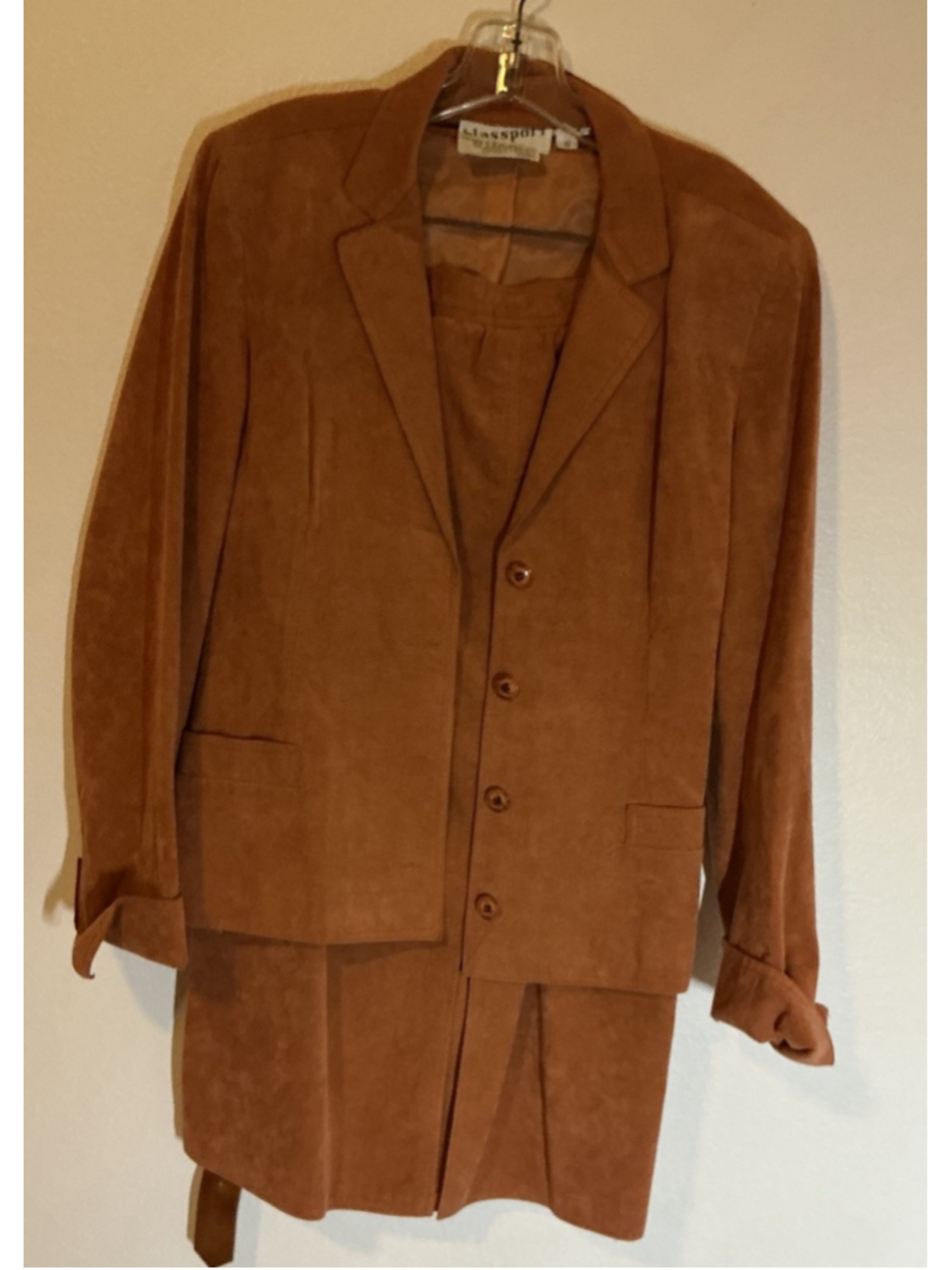 Vintage Blassport Bill Blass Ultrasuede Skirt Suit Set 10 Blazer Cognac Came.